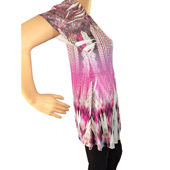 One World Womens Micro Jersey Printed Flutter Sleeve Embellished Keyhole Top - Picture 4 of 12